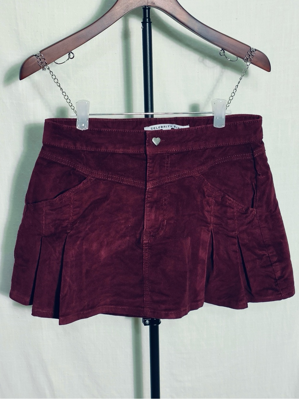 Celebrity Pink Burgundy Brown Corduroy Low Rise Pleated Mini Skirt Y2K M